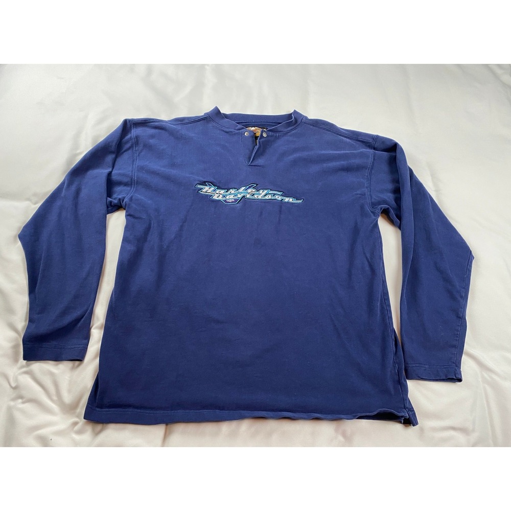 Harley-Davidson Henley Shirt‎ Mens Large Blue Excellent Embroidered Long Sleeve